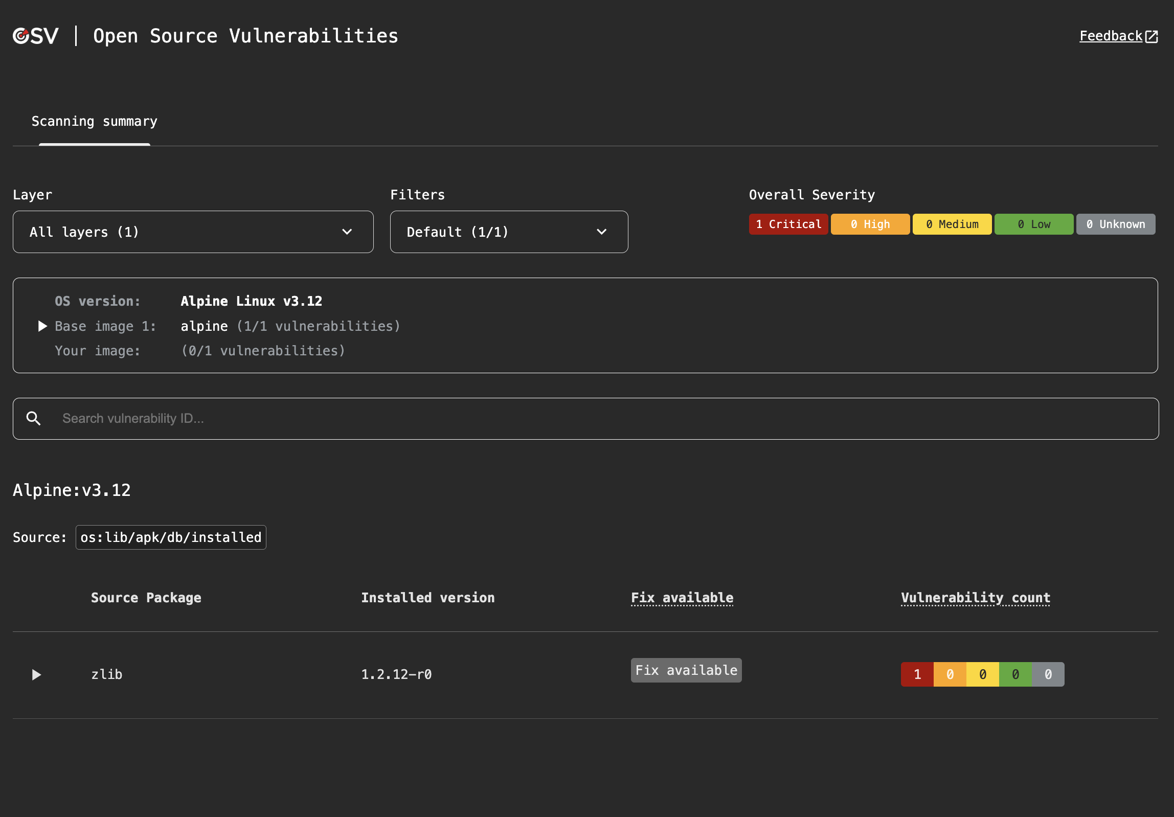Screenshot of container scan HTML output