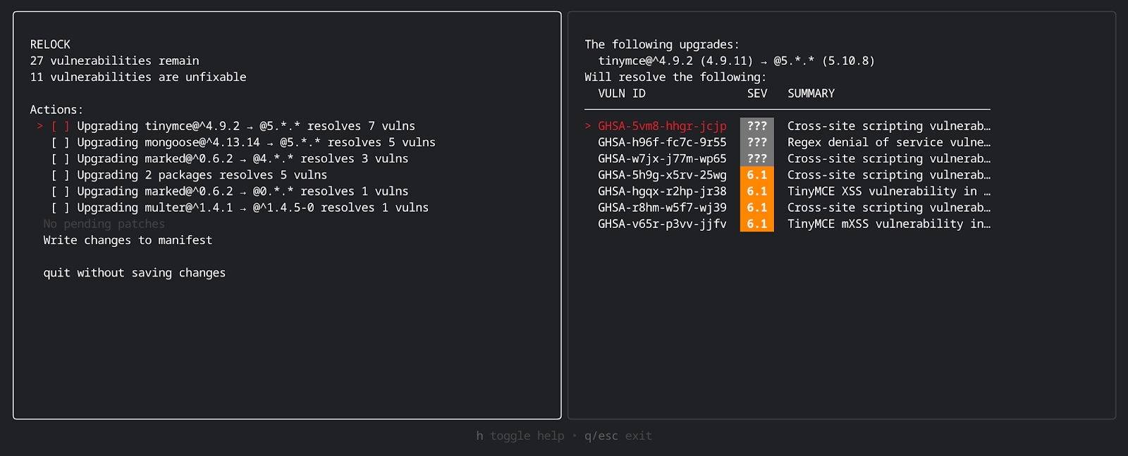 A sneak preview of the current UX of the guided remediation tooling under development. The screenshot shows a number of options the user can take to remediate vulnerabilities.