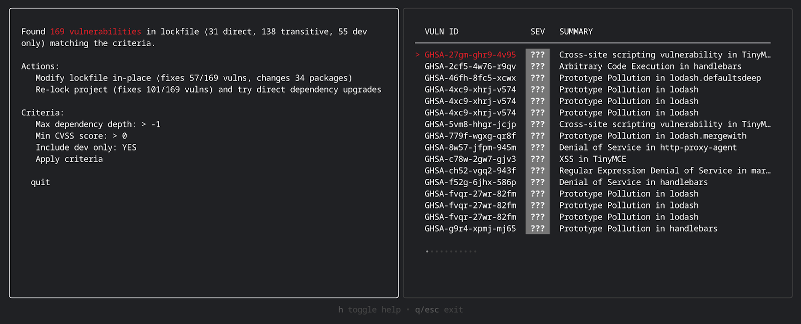 A sneak preview of the current UX of the guided remediation tooling under development. This screen shot shows a summary of the vulnerabilities and a proposed action.