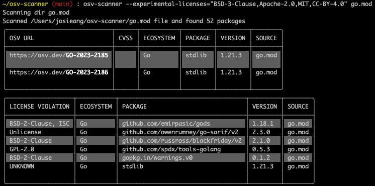 This image shows the terminal output from running OSV-Scanner with an allowlist.