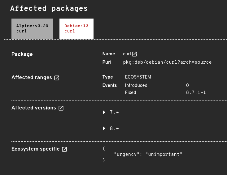 Screenshot of Debian Security Tracker data on OSV.dev