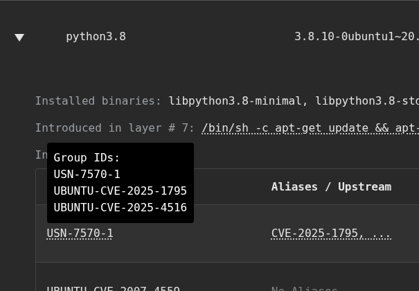 Grouped IDs in container scanning output This image shows the grouped nature of ids in a container scanning output